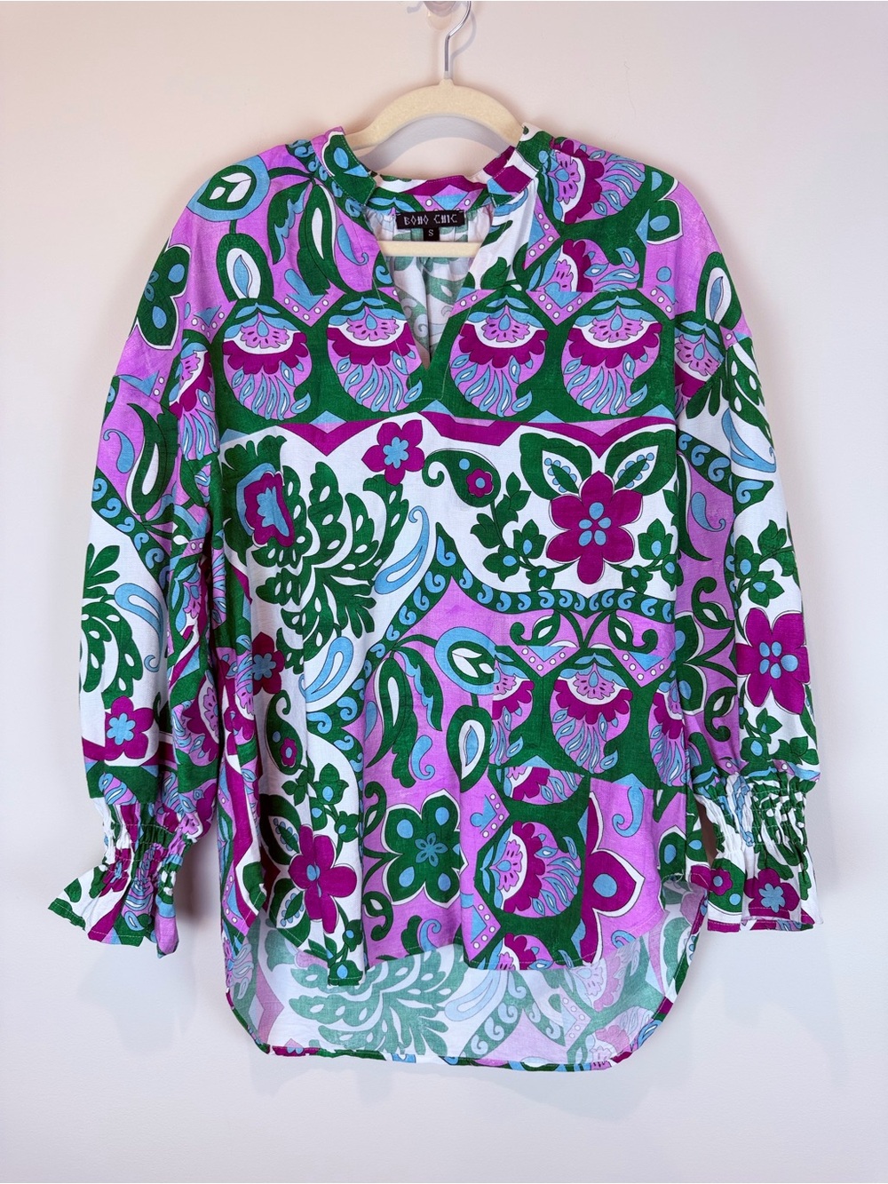 Boho Chic Purple & Green Floral-Print Peasant Blouse Size Small